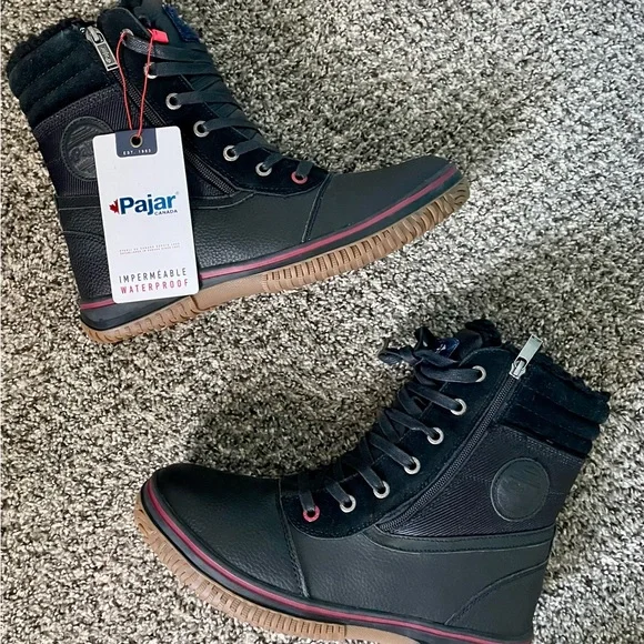 NWT Pajar Canada Black Waterproof Winter Lace-Up Boots Red Accents Men’s New - Picture 2 of 11